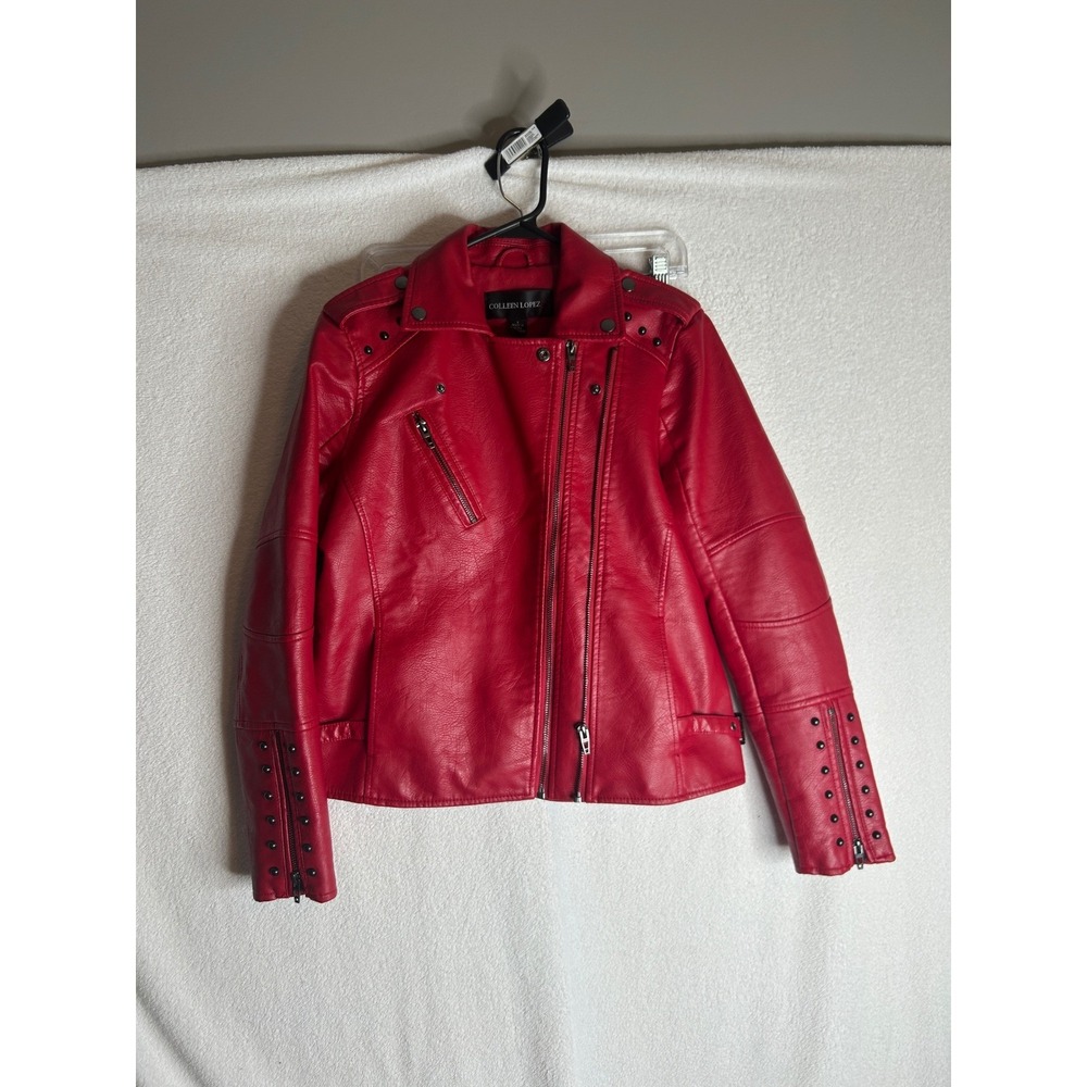 Colleen Lopez Red Faux Leather Moto Biker Jacket Studded Accents 612244 Womens S